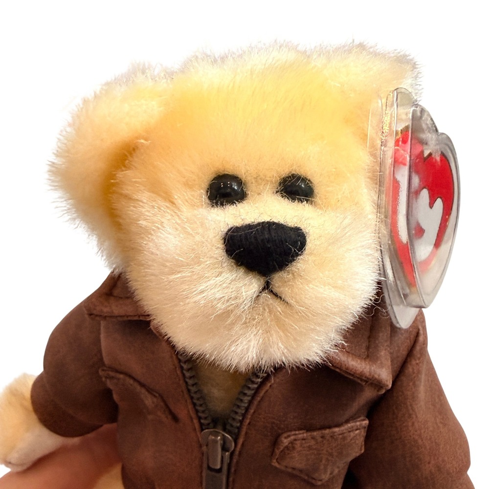 Ty Attic Treasures Baron Bear Aviator Bomber Jacket Tan Brown 8 inch Plush Toy